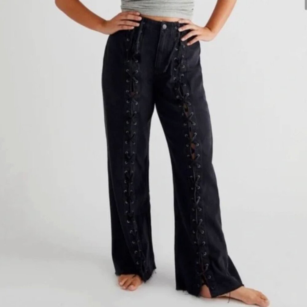 Free People Crvy Black High Rise Lace-Up Wide 90’s Jeans